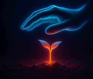 Leuchtender Setzling im Boden, von einer schützenden Hand überragt