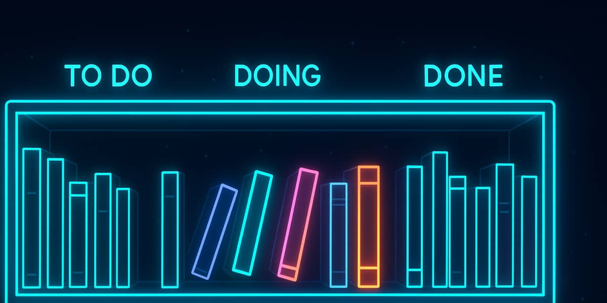 Illustration eines Kanban-Boards mit den Spalten To Do, Doing und Done in Neonfarben