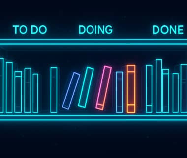 Illustration eines Kanban-Boards mit den Spalten To Do, Doing und Done in Neonfarben