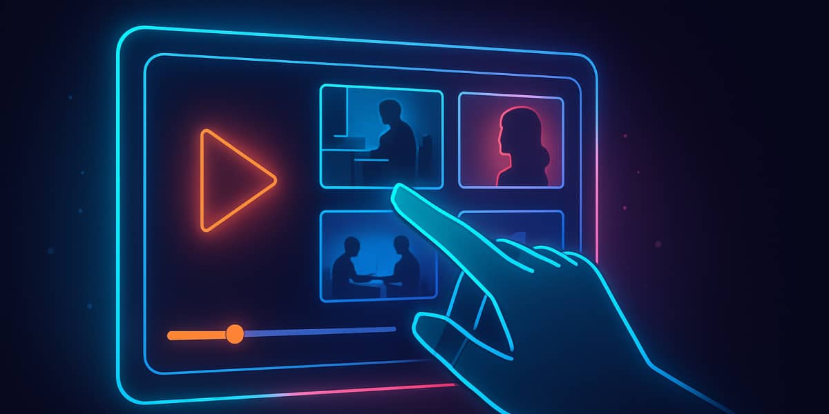 Hand tippt auf Bildschirm mit interaktiven Video-Optionen in Neonfarben