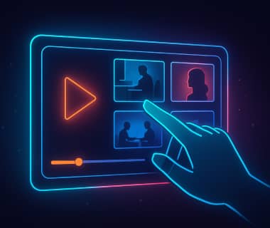 Hand tippt auf Bildschirm mit interaktiven Video-Optionen in Neonfarben
