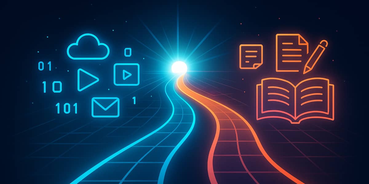 Visualisierung von digitalen und klassischen Lernwegen, die in einem Lichtpunkt zusammenlaufen