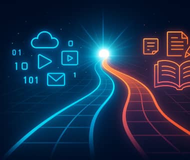 Visualisierung von digitalen und klassischen Lernwegen, die in einem Lichtpunkt zusammenlaufen