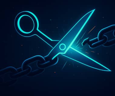 Leuchtende Schere durchtrennt eine Kette als Symbol für Barrierefreiheit