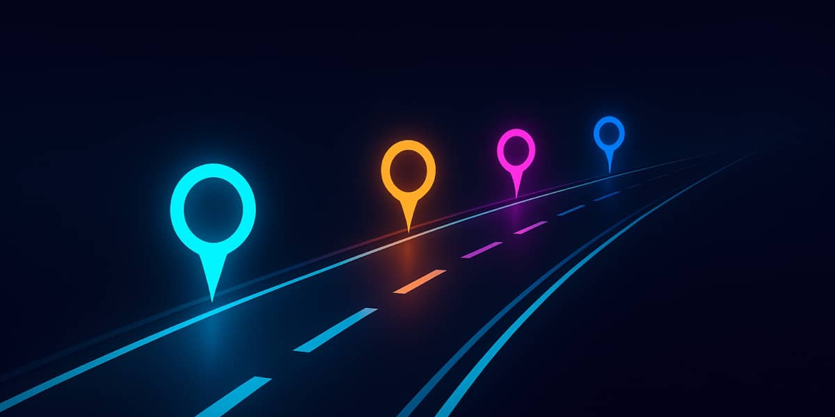 Neonfarbene Markierungen auf einer Straße symbolisieren Etappen zu einem Ziel