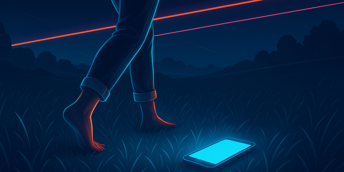 Illustration einer Person, die barfuß im Gras auf ein leuchtendes Smartphone zugeht