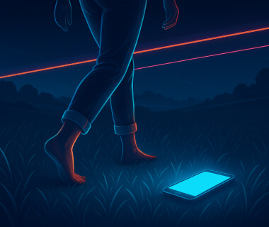 Illustration einer Person, die barfuß im Gras auf ein leuchtendes Smartphone zugeht