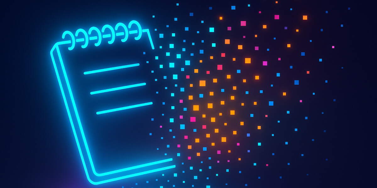 Leuchtendes Notizbuch-Symbol löst sich in bunte digitale Pixel auf