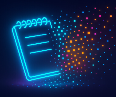 Leuchtendes Notizbuch-Symbol löst sich in bunte digitale Pixel auf