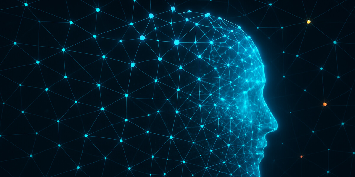 Digitales Netzwerk in Form eines menschlichen Kopfes als Symbol für kollektives Lernen