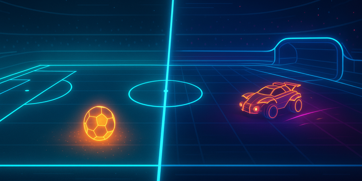Neon-Illustration eines Fußballfelds mit leuchtendem Ball und futuristischem Auto