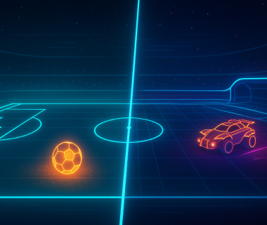 Neon-Illustration eines Fußballfelds mit leuchtendem Ball und futuristischem Auto