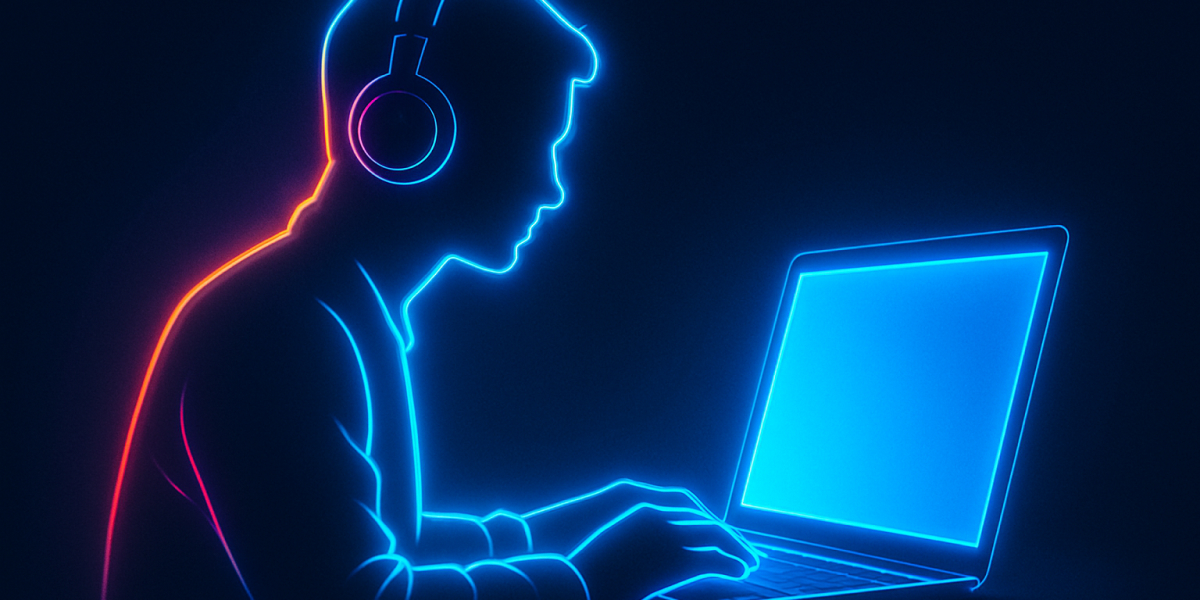 Illustration einer Person mit Laptop und Kopfhörern im Neonstil