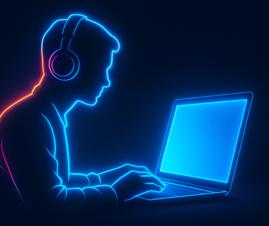Illustration einer Person mit Laptop und Kopfhörern im Neonstil
