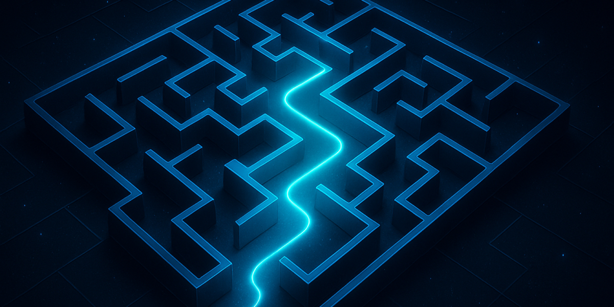 Leuchtender Pfad durch ein Labyrinth als Symbol für Netzwerke und Karrierewege