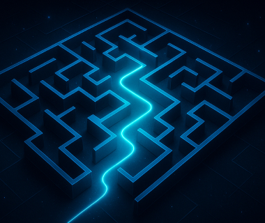 Leuchtender Pfad durch ein Labyrinth als Symbol für Netzwerke und Karrierewege