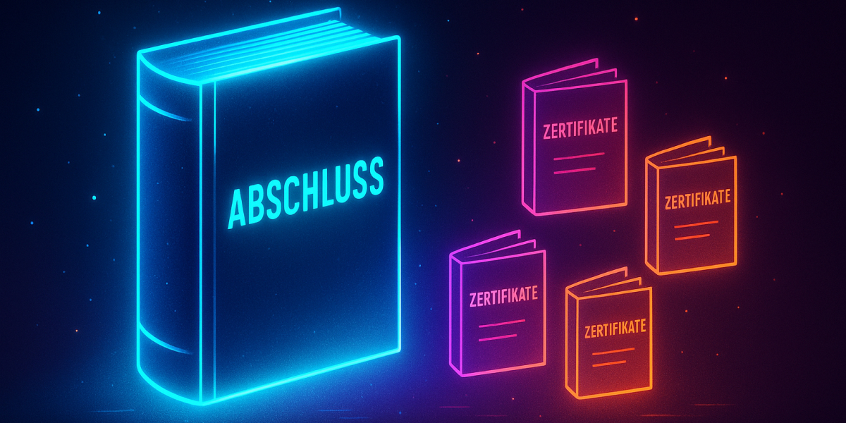Illustration eines großen Buchs mit der Aufschrift Abschluss neben mehreren kleineren Büchern mit Zertifikate