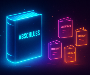 Illustration eines großen Buchs mit der Aufschrift Abschluss neben mehreren kleineren Büchern mit Zertifikate