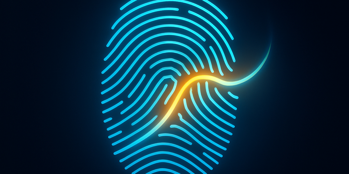 Leuchtender digitaler Fingerabdruck in Blau und Orange als Symbol für KI und Identität