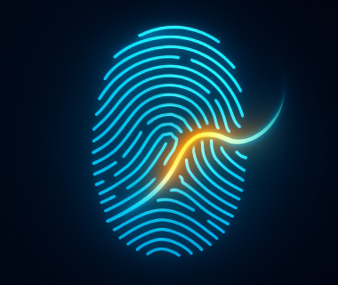 Leuchtender digitaler Fingerabdruck in Blau und Orange als Symbol für KI und Identität