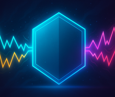 Leuchtendes Schild, flankiert von blauen, gelben und pinken Wellenlinien - Symbol für Kontrolle und Rhythmus.