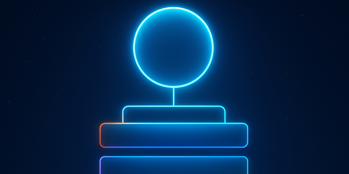 Neon-Grafik: leuchtender Kreis über drei gestapelten Balken auf dunkelblauem Sternenhintergrund, minimalistisch.