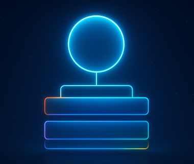 Neon-Grafik: leuchtender Kreis über drei gestapelten Balken auf dunkelblauem Sternenhintergrund, minimalistisch.