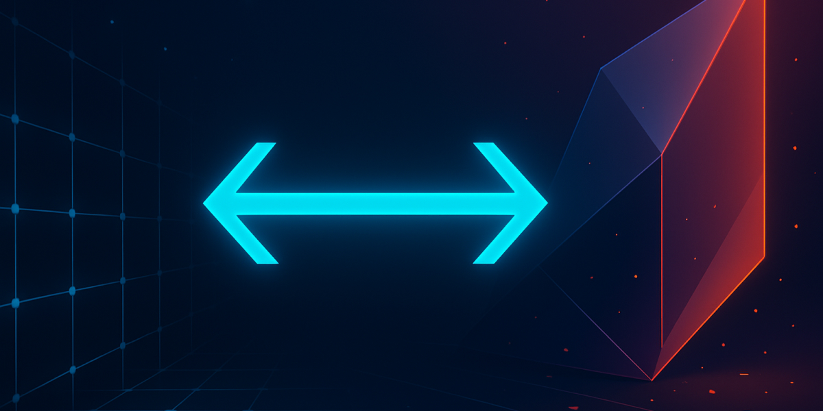 Neonblaue Doppelpfeile auf dunklem Raster, rechts rote transparente Form - Symbol für Richtung und Dialog im Prüfungsgespräch