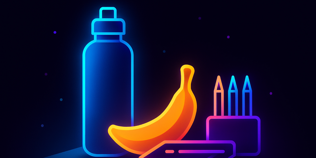 Neon-Illustration mit Trinkflasche, Banane, Stiften und Etui auf dunklem Hintergrund
